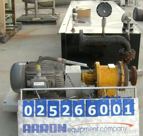 Used Kontro Sealless Centrifugal Pump, Model HC2DM, carbon steel. Rated 80 gallons per minute at 140' head at 275 psi at 3600 rpm. Impeller diameter 6.625''. 3'' inlet, 2'' outlet. Driven by a 15 hp,...
