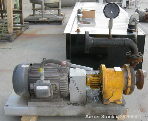 Used Kontro Sealless Centrifugal Pump, Model HC2DM, carbon steel. Rated 80 gallons per minute at 140' head at 275 psi at 3600 rpm. Impeller diameter 6.625''. 3'' inlet, 2'' outlet. Driven by a 15 hp,...