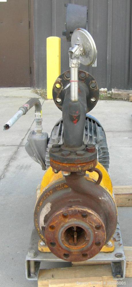 Used Kontro Sealless Centrifugal Pump, Model HC2DM, carbon steel. Rated 80 gallons per minute at 140' head at 275 psi at 3600 rpm. Impeller diameter 6.625''. 3'' inlet, 2'' outlet. Driven by a 15 hp,...