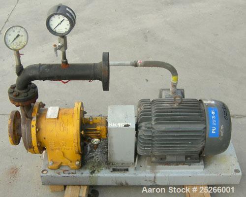 Used Kontro Sealless Centrifugal Pump, Model HC2DM, carbon steel. Rated 80 gallons per minute at 140' head at 275 psi at 3600 rpm. Impeller diameter 6.625''. 3'' inlet, 2'' outlet. Driven by a 15 hp,...