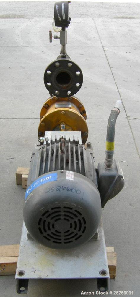 Used Kontro Sealless Centrifugal Pump, Model HC2DM, carbon steel. Rated 80 gallons per minute at 140' head at 275 psi at 3600 rpm. Impeller diameter 6.625''. 3'' inlet, 2'' outlet. Driven by a 15 hp,...