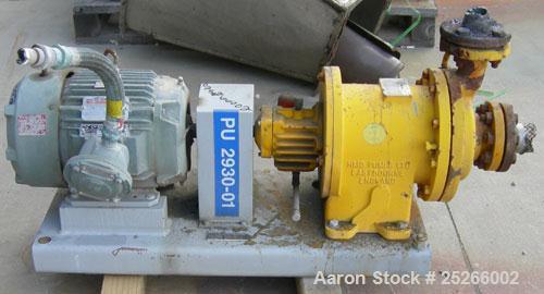 Used Kontro Sealless Centrifugal Pump, Model HS1DL, carbon steel. Rated 85 gallons per minute at 117' head at 275 psi at 3600 rpm. Impeller diameter 6''. 2'' inlet, 1 1/2'' outlet. Driven by a 7.5 hp...