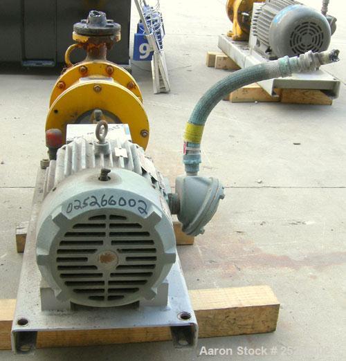 Used Kontro Sealless Centrifugal Pump, Model HS1DL, carbon steel. Rated 85 gallons per minute at 117' head at 275 psi at 3600 rpm. Impeller diameter 6''. 2'' inlet, 1 1/2'' outlet. Driven by a 7.5 hp...