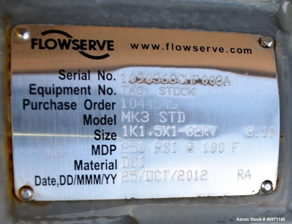 Unused- Flowserve MK3 STD. Centrifugal Pump, Carbon Steel. Size 1K1.5X1-82RV. Driven by a 15hp, 3/60/460 volt, 3510 rpm motor. Serial# 1090368CHP002A, built 2012.