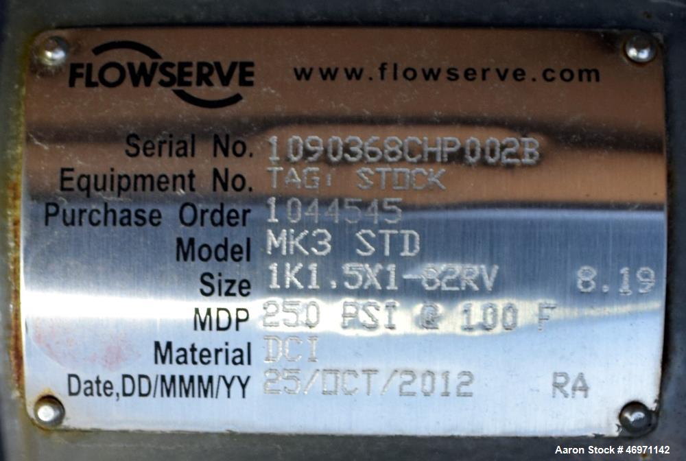 Unused- Flowserve MK3 STD. Centrifugal Pump, Carbon Steel. Size 1K1.5X1-82RV. Driven by a 15hp, 3/60/460 volt, 3510 rpm motor. Serial# 1090368CHP002B, built 2012.