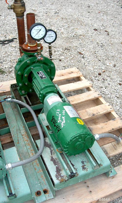 Used Taco Centrifugal Pump, Model FM1208, Carbon Steel. 2-1/2" Inlet, 2" outlet. Approximate capacity 35 gallons per minute at 65' head. Driven by a 1-1/2 hp, 3/60/230/460 volt, 1730 rpm motor. Base ...