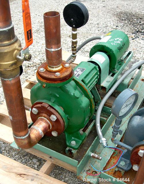 Used Taco Centrifugal Pump, Model FM1208, Carbon Steel. 2-1/2" Inlet, 2" outlet. Approximate capacity 35 gallons per minute at 65' head. Driven by a 1-1/2 hp, 3/60/230/460 volt, 1730 rpm motor. Base ...