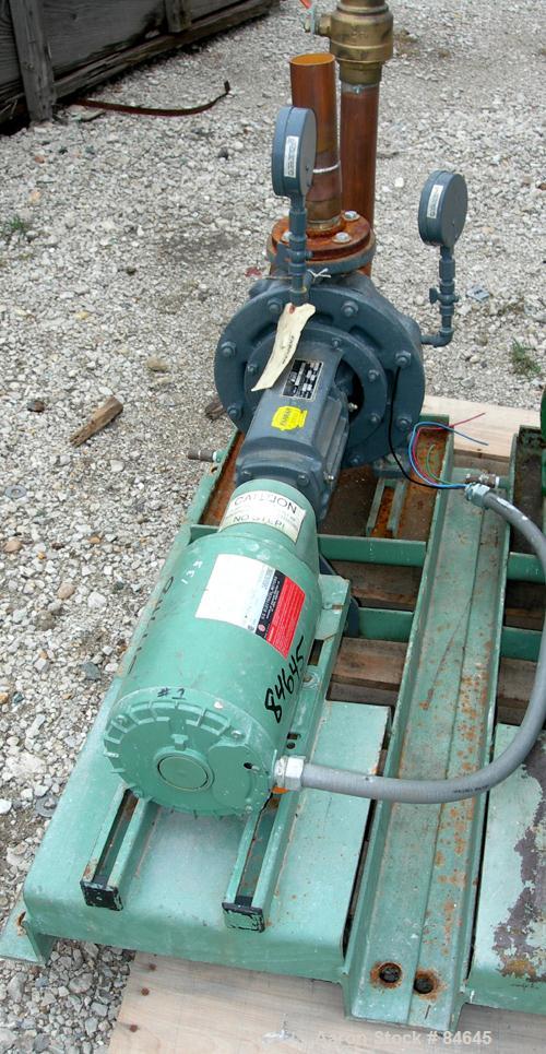 Used Taco Centrifugal Pump, Model FM1208, Carbon Steel. 2-1/2" Inlet, 2" outlet. Approximate capacity 35 gallons per minute at 65' head. Driven by a 1-1/2 hp, 3/60/230/460 volt, 1730 rpm motor. Base ...