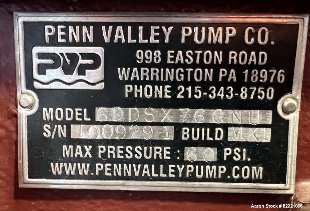 Penn Valley Pump Company Double Disc Sludge and Slurry Pump, Model 6DDSX76 CNU