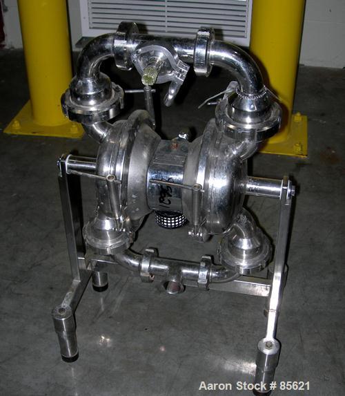 USED: Depa air powered diaphragm pump, model DH40-UL-P-T-T, 316L stainless steel. Rated 17 gallons per minute, (.98") max solids handling, 100 psi. 1-1/2" tri clamp inlet/outlet. Serial# 427877-11.