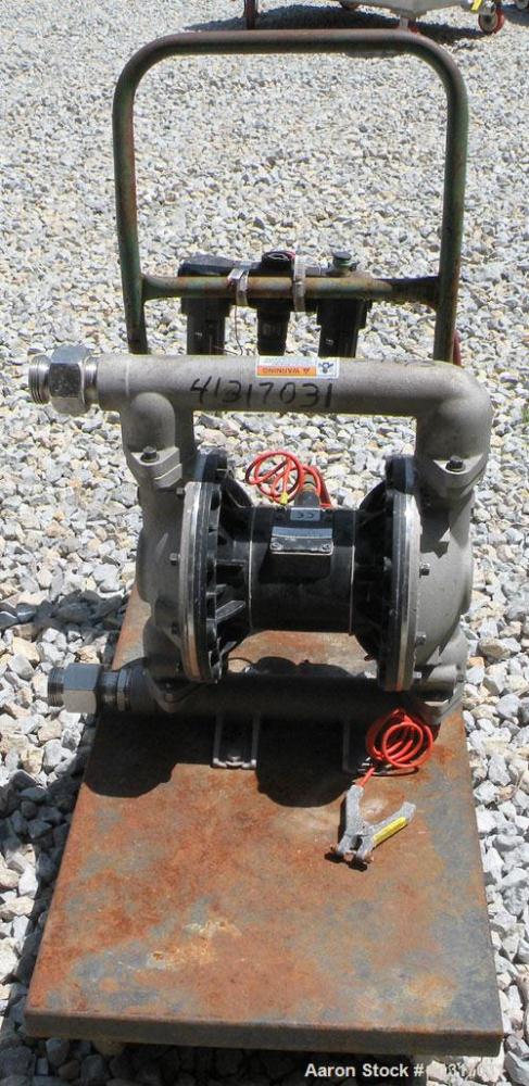 Used Husky Air Operated Double Diaphragm Pump, Series E98A, 316 Stainless Steel. 2" NPT inlet/outlet.  Rated maximum 100 gallons per minute, 120 psi.  Mounted on a carbon steel cart with casters.
