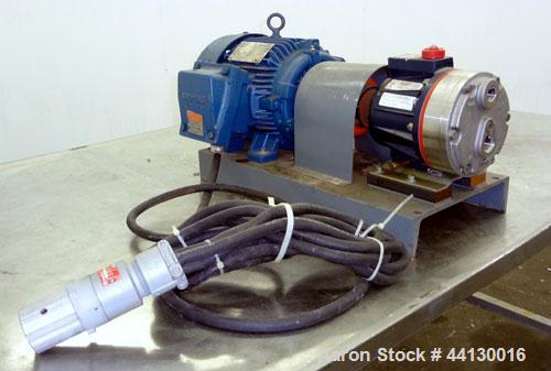 Used Hydra-Cell Diaphragm Pump, Model D10SLSJHEEMG, 316L  Stainless Steel. Maximum flow 6 gallons per minute. 1" NPT Inlet, approximate 3/4" NPT outlet. Driven by a 5hp, 3/60/230/460 volt, 1770 rpm m...