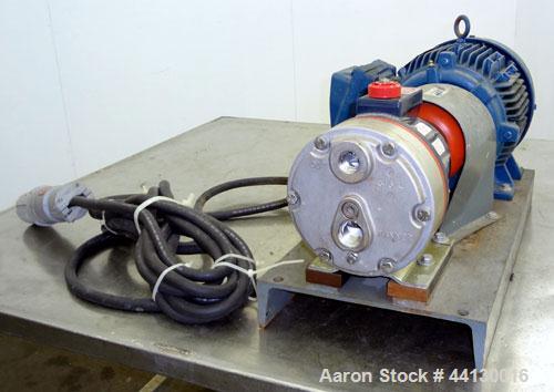 Used Hydra-Cell Diaphragm Pump, Model D10SLSJHEEMG, 316L  Stainless Steel. Maximum flow 6 gallons per minute. 1" NPT Inlet, approximate 3/4" NPT outlet. Driven by a 5hp, 3/60/230/460 volt, 1770 rpm m...