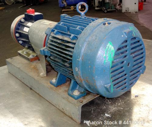 Used Hydra-Cell Diaphragm Pump, Model D10SLSJHEEMG, 316L  Stainless Steel. Maximum flow 6 gallons per minute. 1" NPT Inlet, approximate 3/4" NPT outlet. Driven by a 5hp, 3/60/230/460 volt, 1770 rpm m...