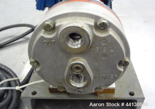 Used Hydra-Cell Diaphragm Pump, Model D10SLSJHEEMG, 316L  Stainless Steel. Maximum flow 6 gallons per minute. 1" NPT Inlet, approximate 3/4" NPT outlet. Driven by a 5hp, 3/60/230/460 volt, 1770 rpm m...