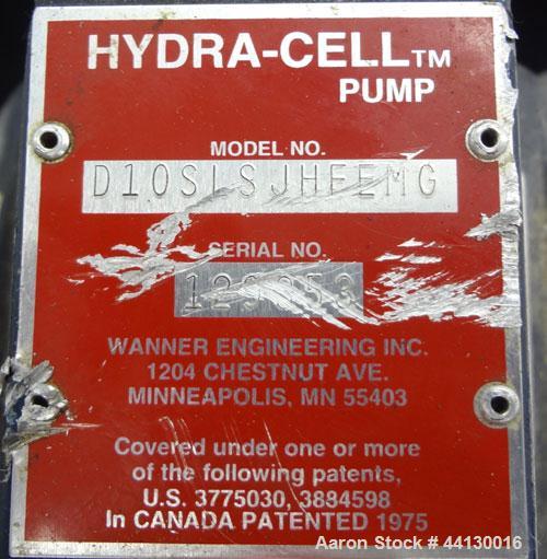 Used Hydra-Cell Diaphragm Pump, Model D10SLSJHEEMG, 316L  Stainless Steel. Maximum flow 6 gallons per minute. 1" NPT Inlet, approximate 3/4" NPT outlet. Driven by a 5hp, 3/60/230/460 volt, 1770 rpm m...