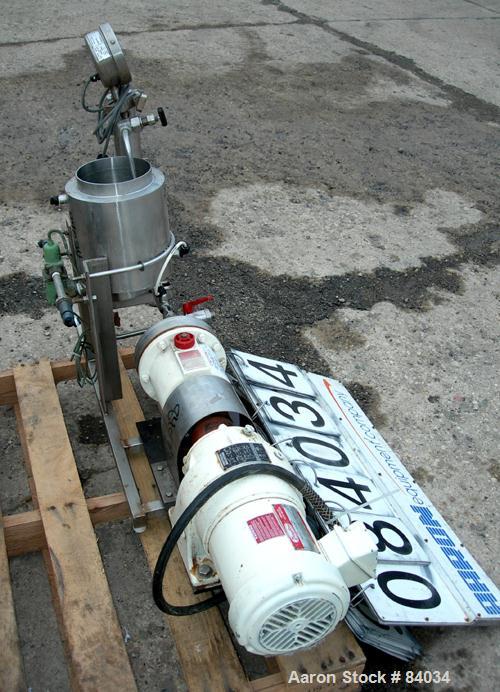 USED: Hydra-Cell Slurry Diaphragm Pump, model D10, 316 stainless steel. 1" NPT inlet/outlet, approximately 7.8 gallons per minute. Driven by a 1 hp, 3/60/230/460 volt, 1750 rpm gearmotor, ratio 9.5:1...