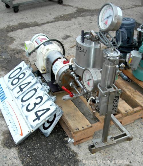 USED: Hydra-Cell Slurry Diaphragm Pump, model D10, 316 stainless steel. 1" NPT inlet/outlet, approximately 7.8 gallons per minute. Driven by a 1 hp, 3/60/230/460 volt, 1750 rpm gearmotor, ratio 9.5:1...