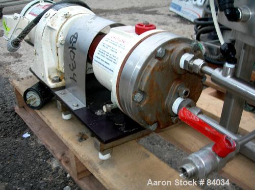 USED: Hydra-Cell Slurry Diaphragm Pump, model D10, 316 stainless steel. 1" NPT inlet/outlet, approximately 7.8 gallons per minute. Driven by a 1 hp, 3/60/230/460 volt, 1750 rpm gearmotor, ratio 9.5:1...