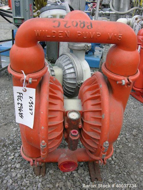 Used Wilden air operated double diaphragm pump, model M15, carbon steel. Rated 160 gallons per minute at 110 psi. 3/8" max solids handling. 3" inlet/outlet.