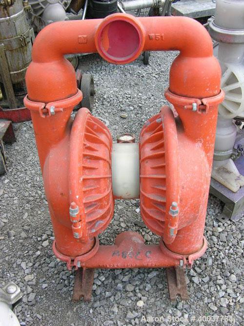 Used Wilden air operated double diaphragm pump, model M15, carbon steel. Rated 160 gallons per minute at 110 psi. 3/8" max solids handling. 3" inlet/outlet.