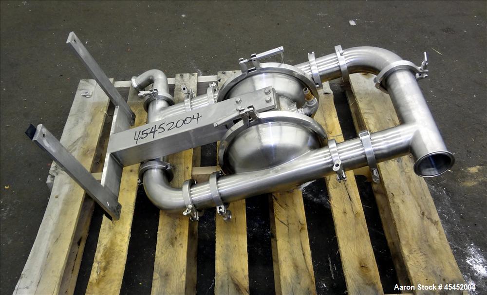 Used Murzan Sanitary Diaphragm Pump, Model PI 50 SL, 316 Stainless Steel. Approximate 100 gallons per minute at 40 psig requires 75 psi and 82 scfm. 6" Maximum partial size. 3" Tri-clamp inlet/outlet...