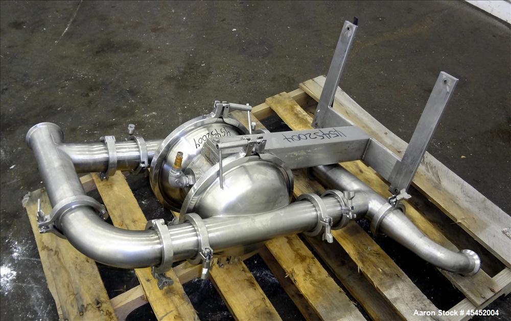 Used Murzan Sanitary Diaphragm Pump, Model PI 50 SL, 316 Stainless Steel. Approximate 100 gallons per minute at 40 psig requires 75 psi and 82 scfm. 6" Maximum partial size. 3" Tri-clamp inlet/outlet...