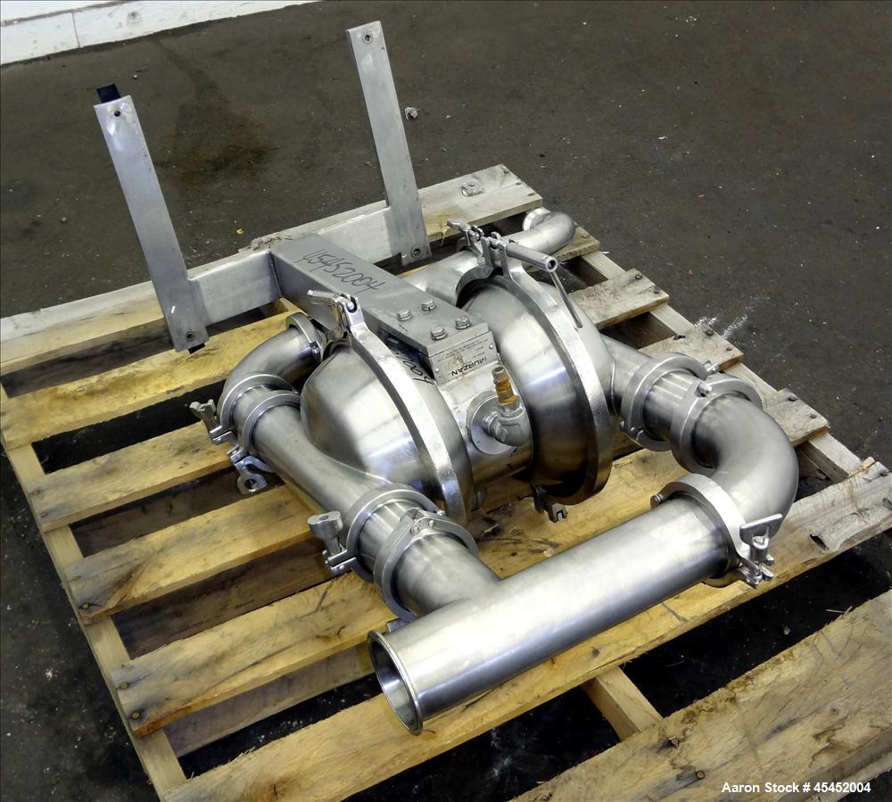 Used Murzan Sanitary Diaphragm Pump, Model PI 50 SL, 316 Stainless Steel. Approximate 100 gallons per minute at 40 psig requires 75 psi and 82 scfm. 6" Maximum partial size. 3" Tri-clamp inlet/outlet...