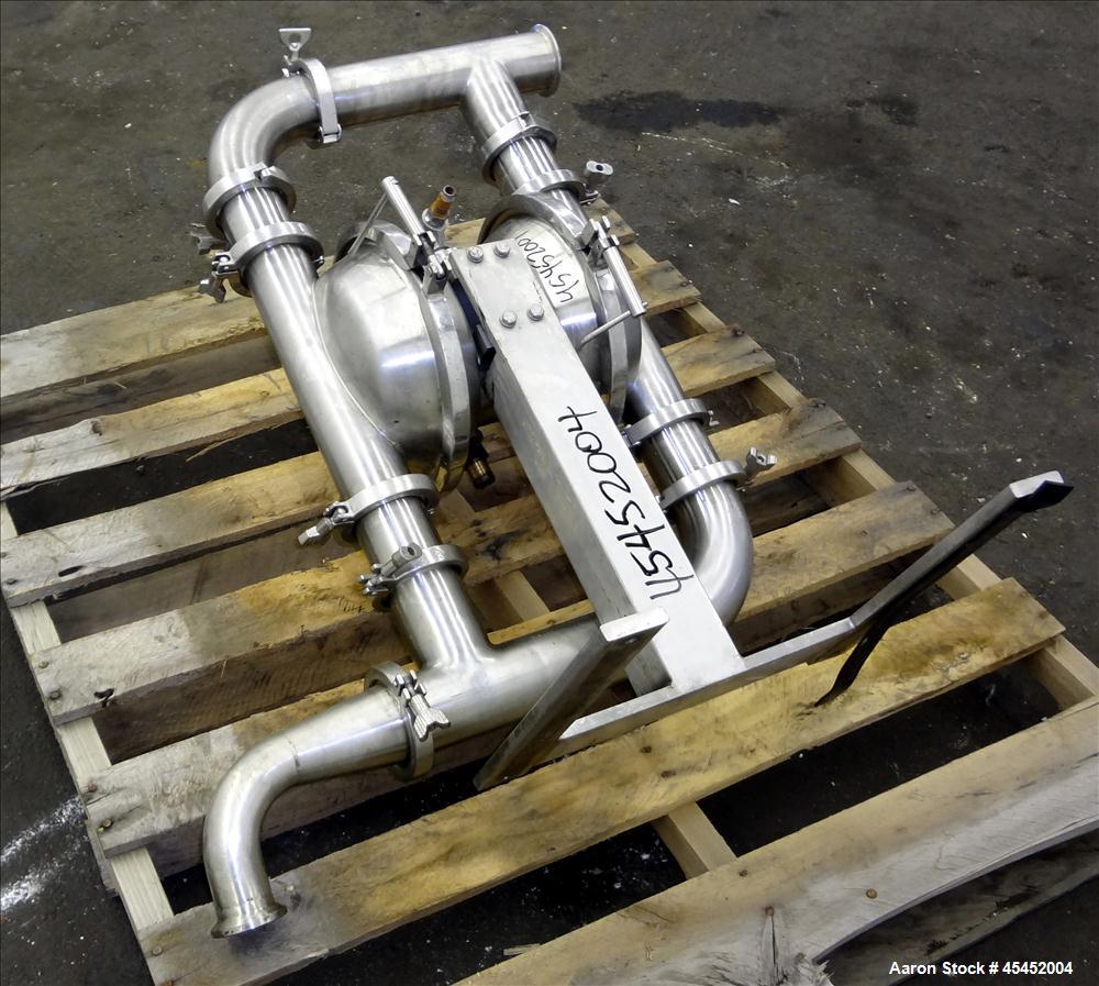 Used Murzan Sanitary Diaphragm Pump, Model PI 50 SL, 316 Stainless Steel. Approximate 100 gallons per minute at 40 psig requires 75 psi and 82 scfm. 6" Maximum partial size. 3" Tri-clamp inlet/outlet...