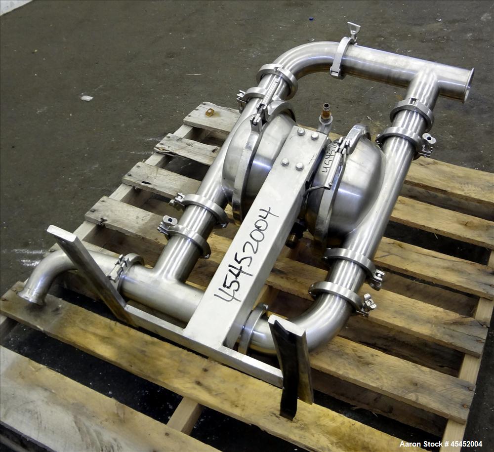 Used Murzan Sanitary Diaphragm Pump, Model PI 50 SL, 316 Stainless Steel. Approximate 100 gallons per minute at 40 psig requires 75 psi and 82 scfm. 6" Maximum partial size. 3" Tri-clamp inlet/outlet...