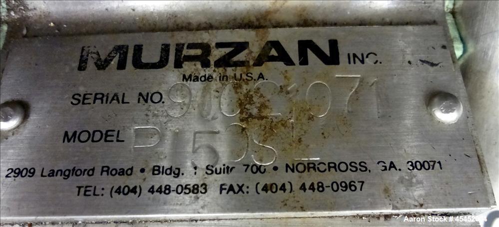 Used Murzan Sanitary Diaphragm Pump, Model PI 50 SL, 316 Stainless Steel. Approximate 100 gallons per minute at 40 psig requires 75 psi and 82 scfm. 6" Maximum partial size. 3" Tri-clamp inlet/outlet...