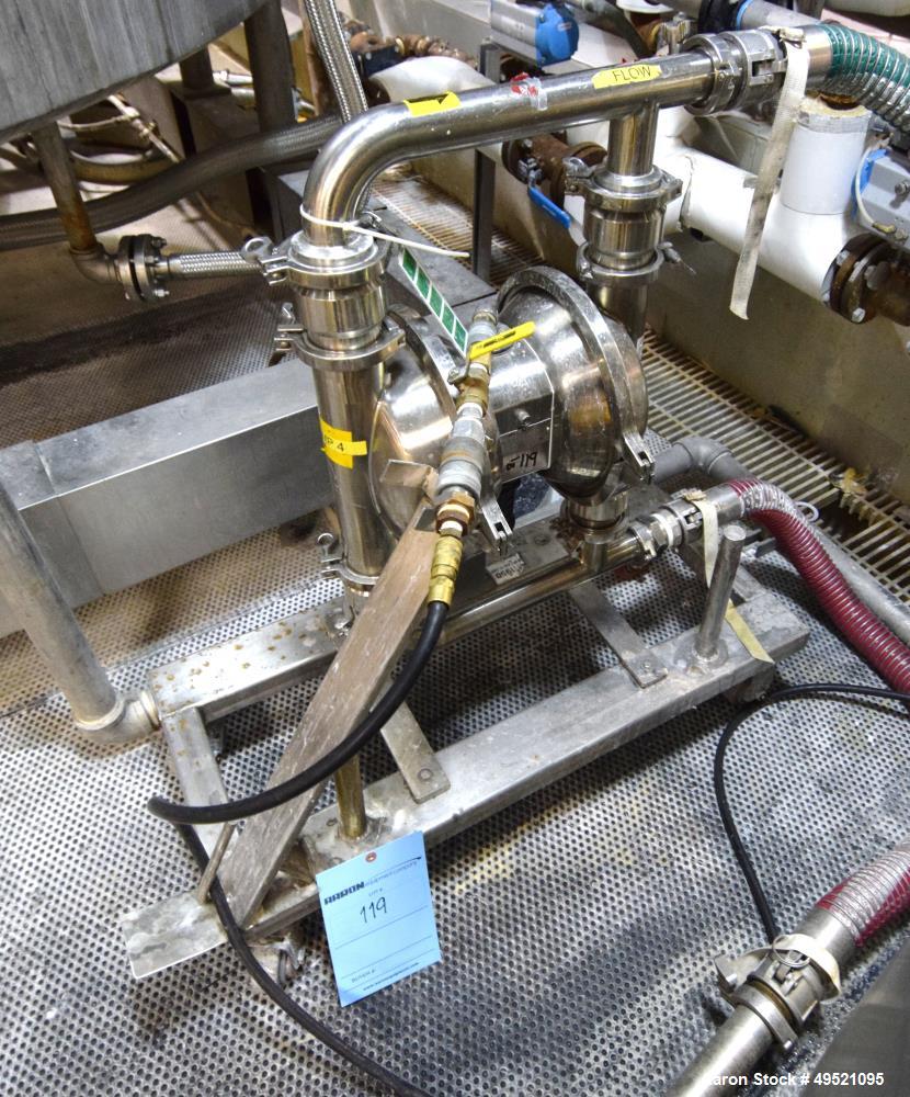 Used Murzan Sanitary Diaphragm Pump, Model PI50SLIM, 316 Stainless Steel. Rated approximate 100 gallons per minute at 75 psi, approximate 2" inlet & outlet. Serial # 11098293.