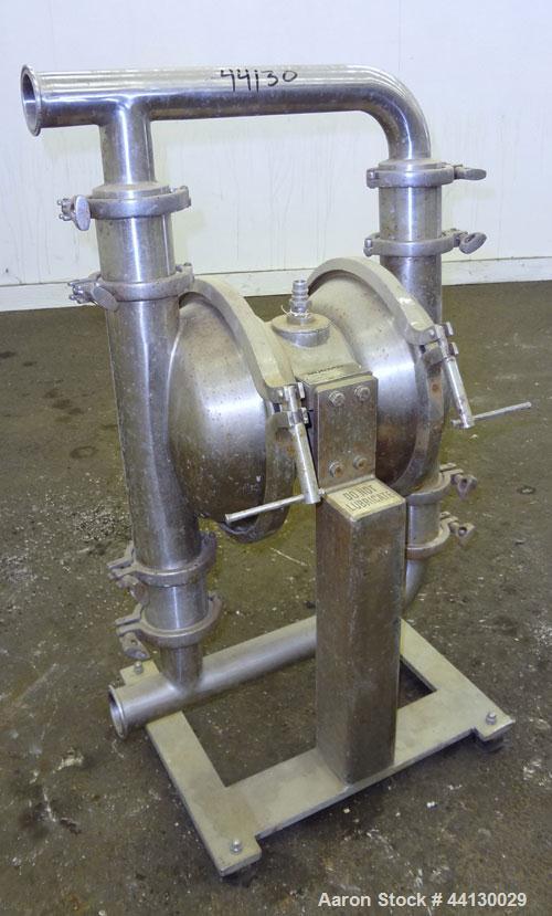 Used Murzan Sanitary Diaphragm Pump, Model PI 50 DL, 304 Stainless Steel. Approximate 100 gallons per minute at 40 psig requires 75 psi and 82 scfm. 6” Maximum partial size. 2” Tri-clamp inlet/outlet...