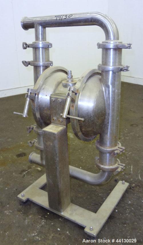 Used Murzan Sanitary Diaphragm Pump, Model PI 50 DL, 304 Stainless Steel. Approximate 100 gallons per minute at 40 psig requires 75 psi and 82 scfm. 6” Maximum partial size. 2” Tri-clamp inlet/outlet...