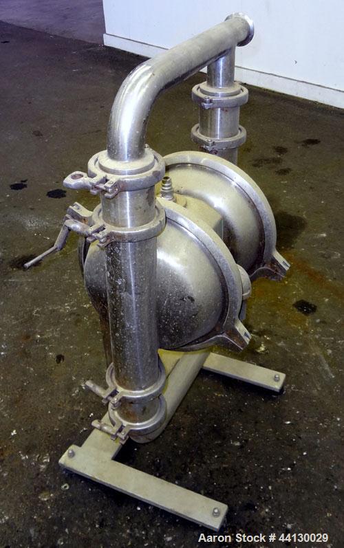 Used Murzan Sanitary Diaphragm Pump, Model PI 50 DL, 304 Stainless Steel. Approximate 100 gallons per minute at 40 psig requires 75 psi and 82 scfm. 6” Maximum partial size. 2” Tri-clamp inlet/outlet...
