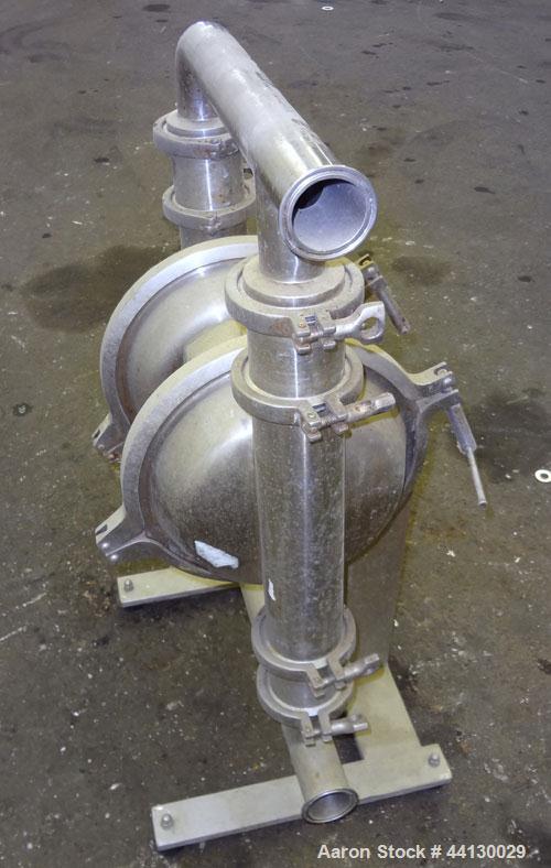 Used Murzan Sanitary Diaphragm Pump, Model PI 50 DL, 304 Stainless Steel. Approximate 100 gallons per minute at 40 psig requires 75 psi and 82 scfm. 6” Maximum partial size. 2” Tri-clamp inlet/outlet...