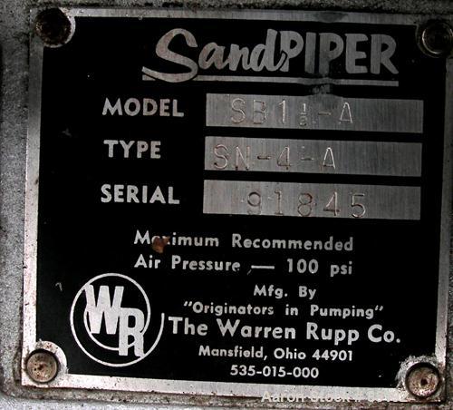 Used Sandpiper Air Powered Double Diaphragm Pump, Model SB1 1/2-A, Aluminum. Rated 0-90 gallons per minute, 1/4" max solids handling, 125 psi. 2" NPT inlet/outlet.