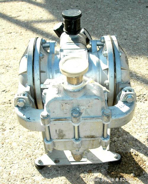 USED: Sandpiper air powered double diaphragm pump, model SB1-A, type SGN-4-SS, 316 stainless steel. Rated 42 gallons per minute, 1/4" max solids handling, 125 psi. 1" inlet/outlet.