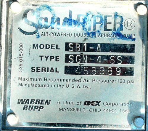 USED: Sandpiper air powered double diaphragm pump, model SB1-A, type SGN-4-SS, 316 stainless steel. Rated 42 gallons per minute, 1/4" max solids handling, 125 psi. 1" inlet/outlet.