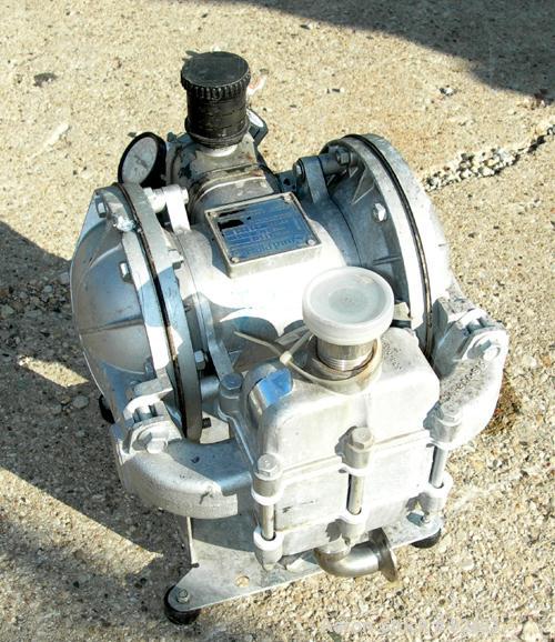 USED: Sandpiper air powered double diaphragm pump, model SB1-A, type SGN-4-SS, 316 stainless steel. Rated 42 gallons per minute, 1/4" max solids handling, 125 psi. 1" inlet/outlet.