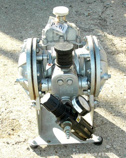 USED: Sandpiper air powered double diaphragm pump, model SB1-A, type SGN-4-SS, 316 stainless steel. Rated 42 gallons per minute, 1/4" max solids handling, 125 psi. 1" inlet/outlet.