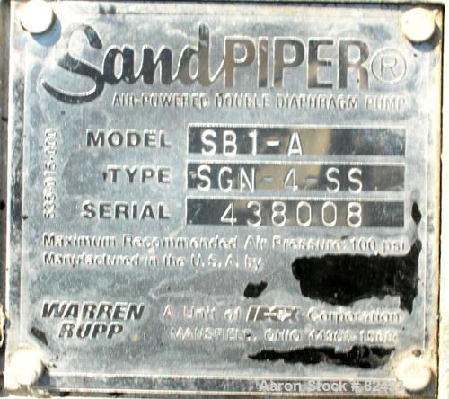 USED: Sandpiper air powered double diaphragm pump, model SB1-A, type SGN-4-SS, 316 stainless steel. Rated 42 gallons per minute, 1/4" max solids handling, 125 psi. 1" inlet/outlet.