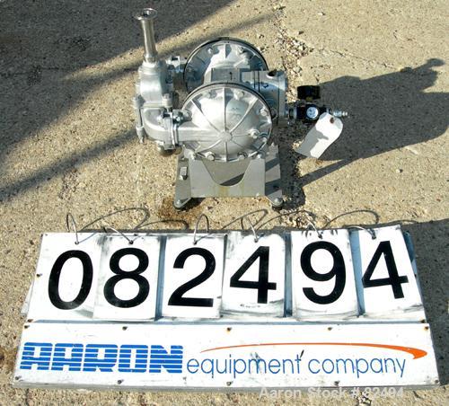 USED: Sandpiper air powered double diaphragm pump, model SB1-A, type SGN-4-SS, 316 stainless steel. Rated 42 gallons per minute, 1/4" max solids handling, 125 psi. 1" inlet/outlet.
