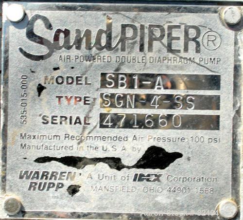 USED: Sandpiper air powered double diaphragm pump, model SB1-A, type SGN-4-SS, 316 stainless steel. Rated 42 gallons per minute, 1/4" max solids handling, 125 psi. 1" inlet/outlet.