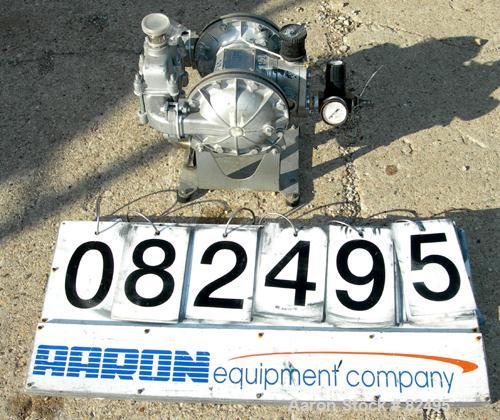 USED: Sandpiper air powered double diaphragm pump, model SB1-A, type SGN-4-SS, 316 stainless steel. Rated 42 gallons per minute, 1/4" max solids handling, 125 psi. 1" inlet/outlet.
