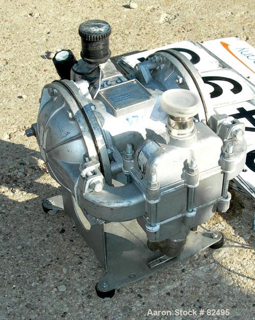 USED: Sandpiper air powered double diaphragm pump, model SB1-A, type SGN-4-SS, 316 stainless steel. Rated 42 gallons per minute, 1/4" max solids handling, 125 psi. 1" inlet/outlet.