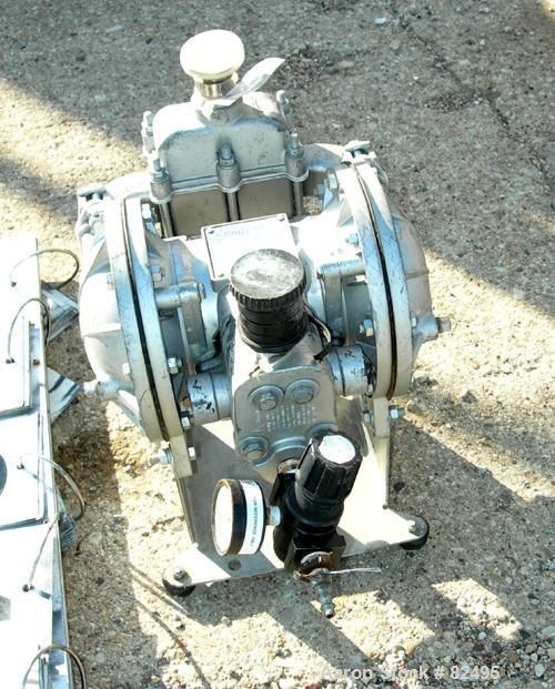 USED: Sandpiper air powered double diaphragm pump, model SB1-A, type SGN-4-SS, 316 stainless steel. Rated 42 gallons per minute, 1/4" max solids handling, 125 psi. 1" inlet/outlet.