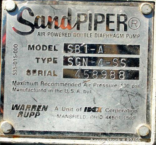 USED: Sandpiper air powered double diaphragm pump, model SB1-A, type SGN-4-SS, 316 stainless steel. Rated 42 gallons per minute, 1/4" max solids handling, 125 psi. 1" inlet/outlet.