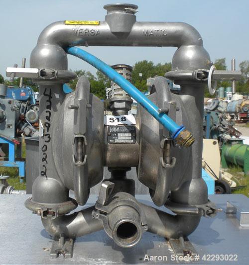 Used Versa-Matic Tool Air Powered Diaphragm Pump, Model V125F VTTFVT, 316 L Stainless Steel. Rated approximately 0-138 gallons per minute, 1/4" maximum solids handling, 120 psi, 2" tri-clamp inlet/ou...