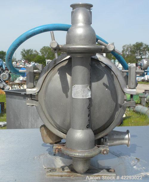 Used Versa-Matic Tool Air Powered Diaphragm Pump, Model V125F VTTFVT, 316 L Stainless Steel. Rated approximately 0-138 gallons per minute, 1/4" maximum solids handling, 120 psi, 2" tri-clamp inlet/ou...